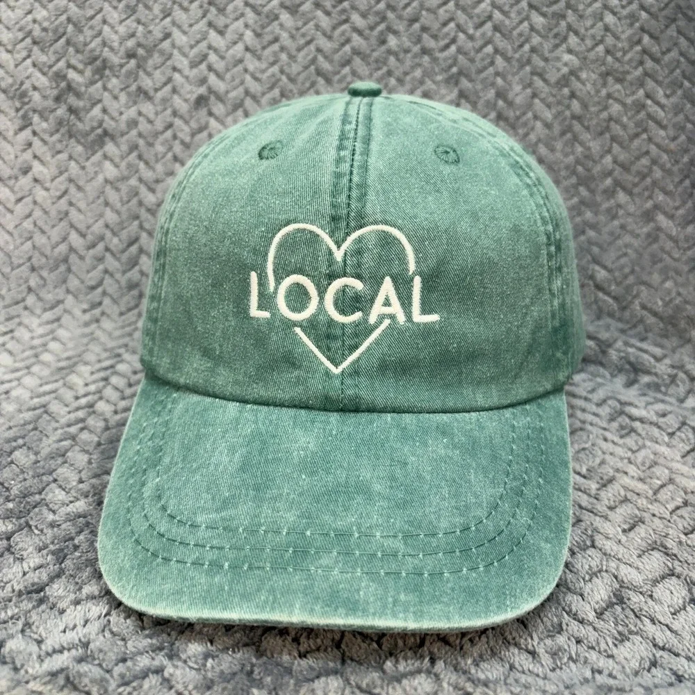 Adams Local Heart Embroidered Green Pigment Dyed Leather Strapback Dad Hat LP101
